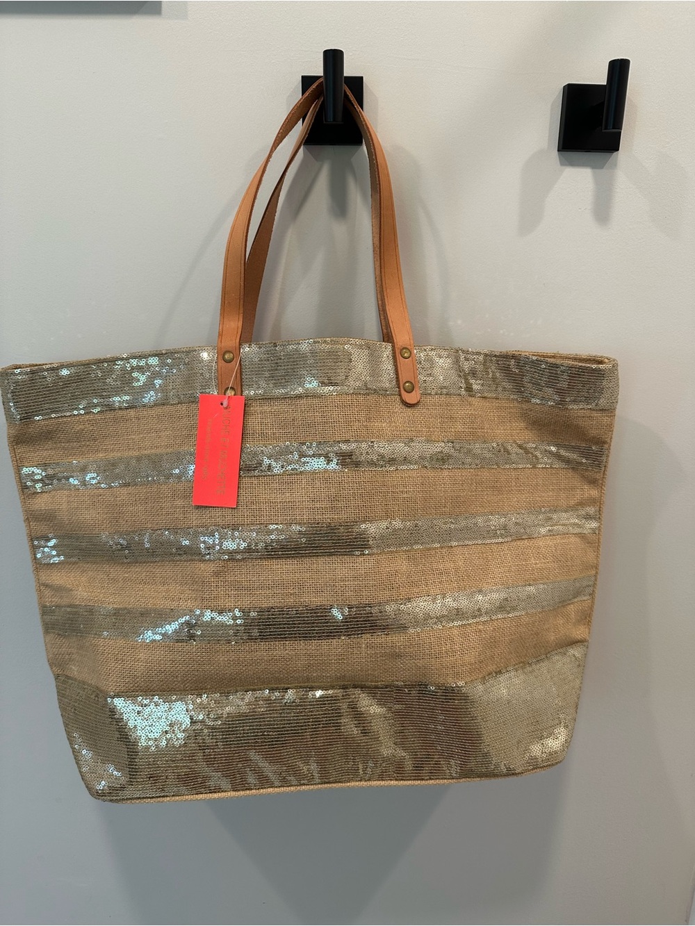 Sequin-Stripe Beach Tote with Tan Leather Handles